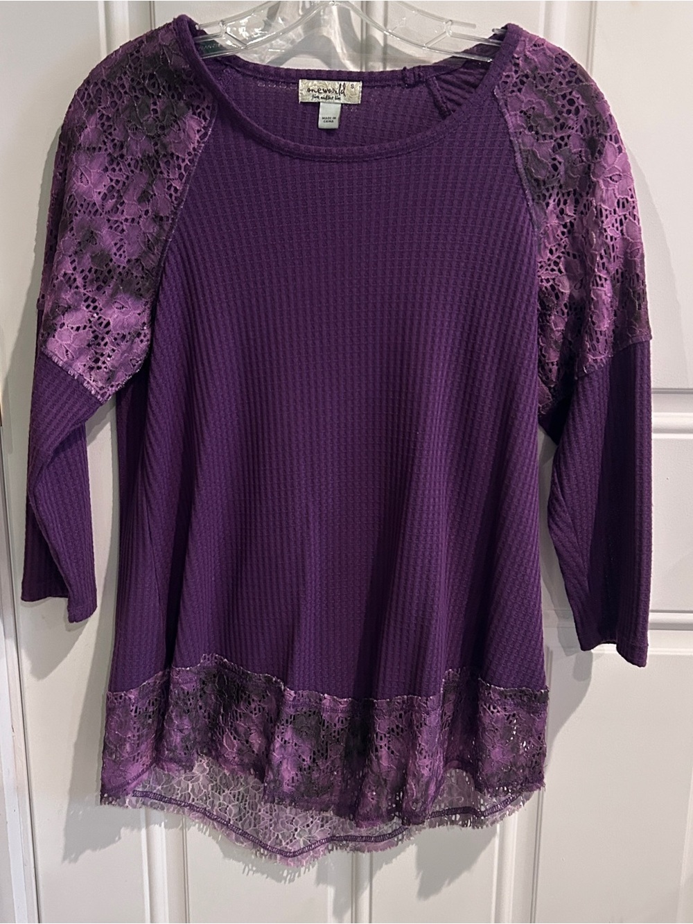 ONE WORLD Purple Lace-Accent Waffle Knit Long Sleeve Top